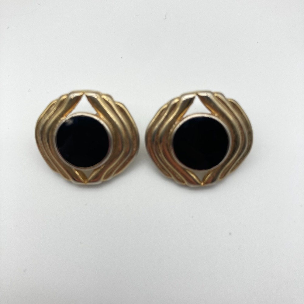 Crimzon Rose Gold Tone Black Enamel Post Stud Earrings Vintage Style Modernist
